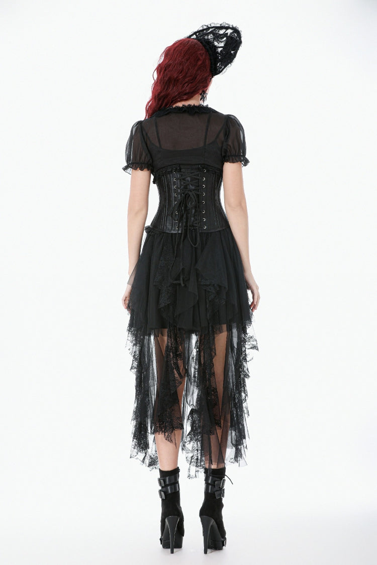 Black Solid Color Sleeveless Lace Lace-Up Women's Punk Underbust Corset - Product - 4