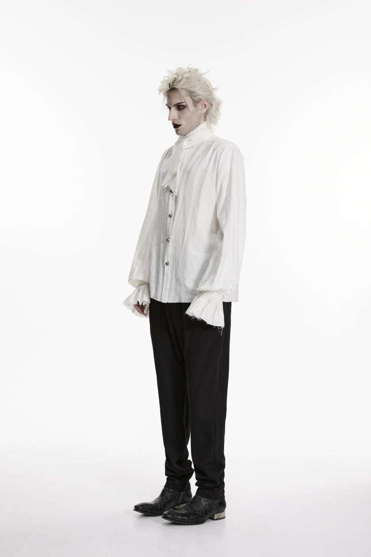 White Stand Collar Long Puff Sleeves Jacquard Detachable Tie Men's Gorgeous Shirt - Product - 2