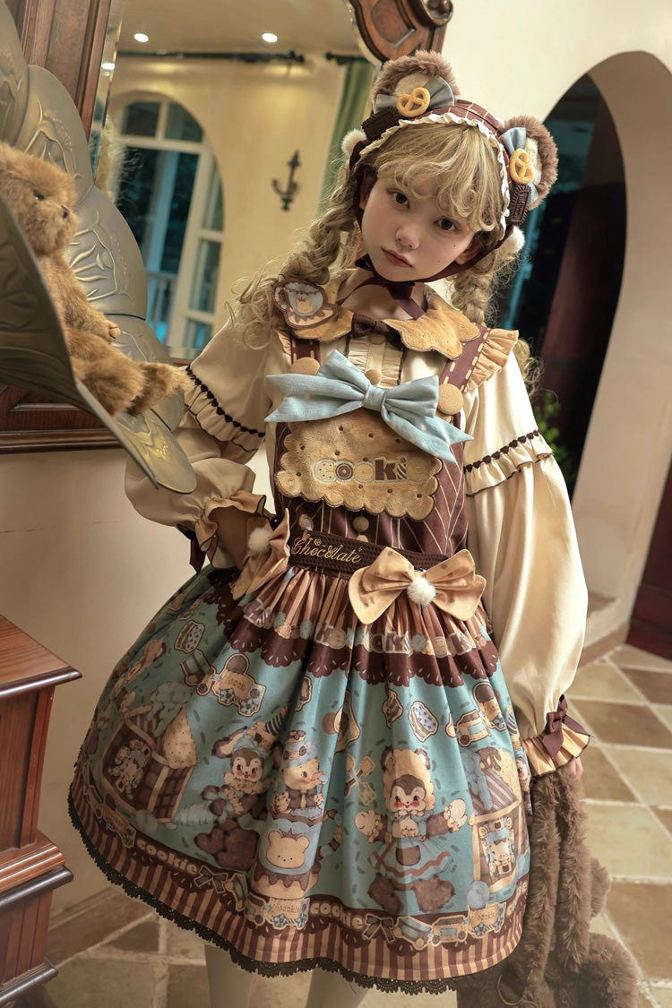 [Bear Cookies] プリント フリル リボン スウィートロリータ ストラップ ワンピース 2色 商品画像