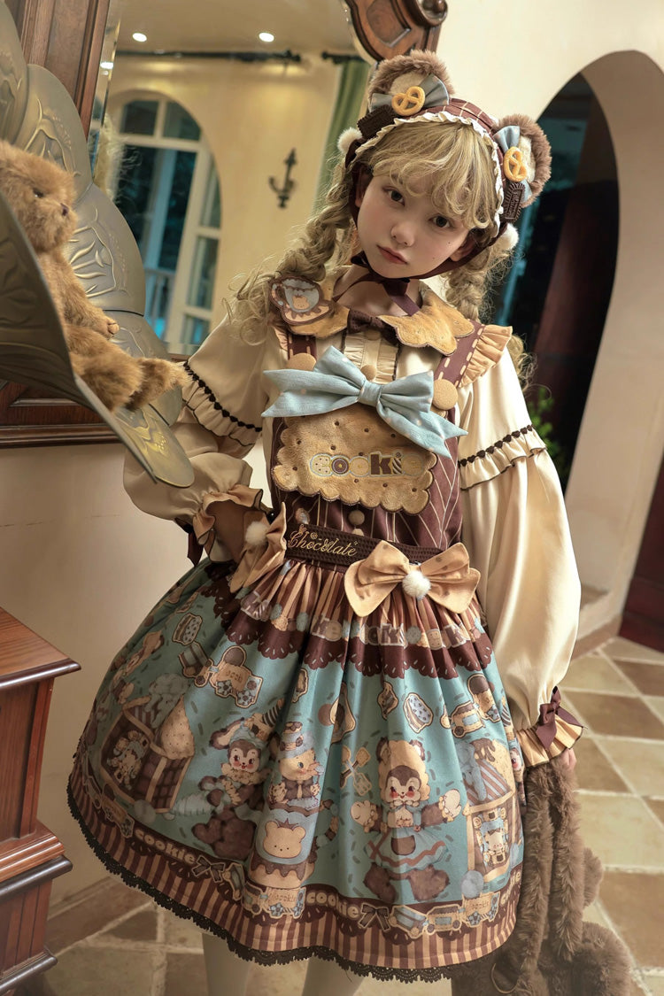 [Bear Cookies] プリント フリル リボン スウィートロリータ ストラップ ワンピース 2色 商品画像