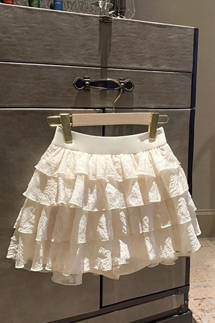 Apricot Multi-Layered Print Ruffle Embroidery Bowknot Sweet Vintage Lolita Skirt - Product - 8