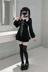 Black [Twilight Prelude] Long Sleeves Ruffled Bow Lace Jirai Kei Japanese Dress and Shorts Set - Product - 6