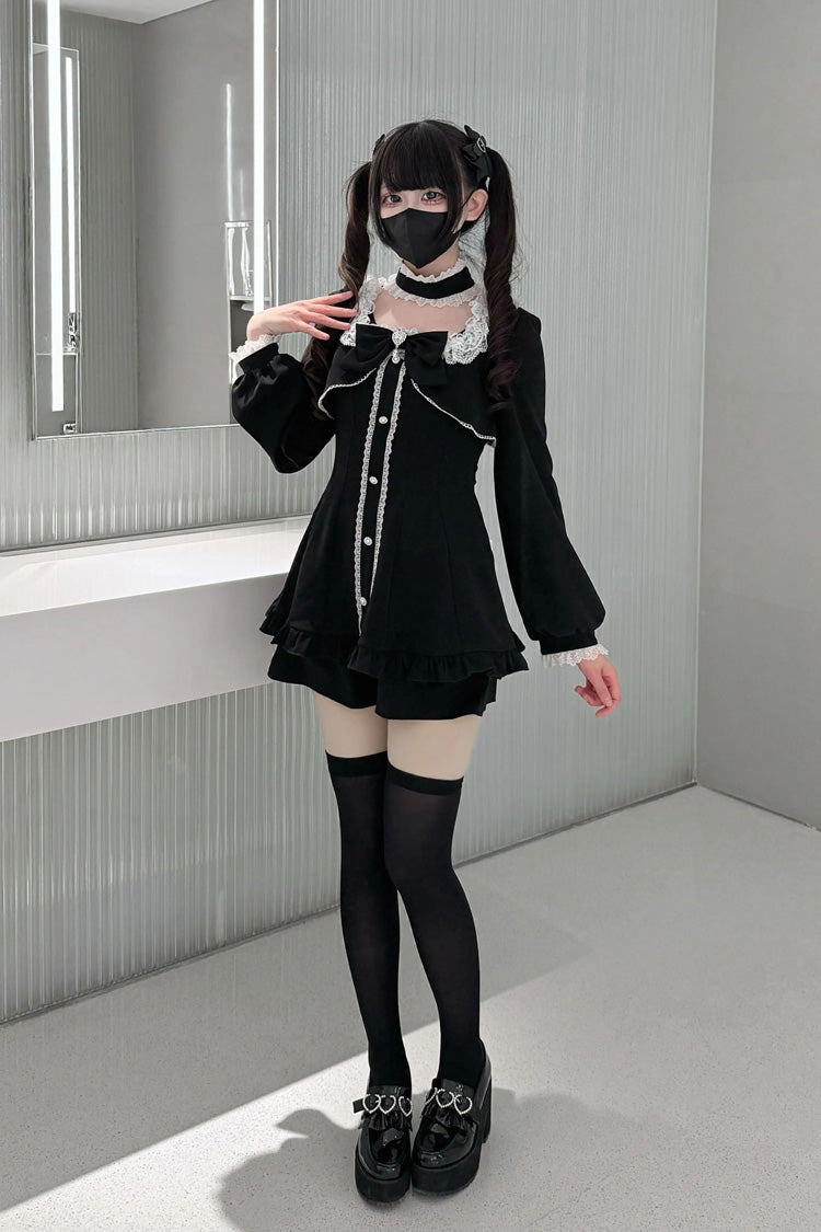 Black [Twilight Prelude] Long Sleeves Ruffled Bow Lace Jirai Kei Japanese Dress and Shorts Set - Product - 6