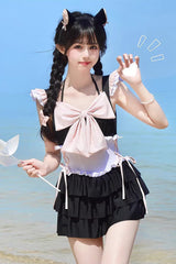 Black/Pink Summer Sweetheart Triple-Layered Ruffled Bow Sweet Lolita Bubble Swimsuit - Black/Pink - 1