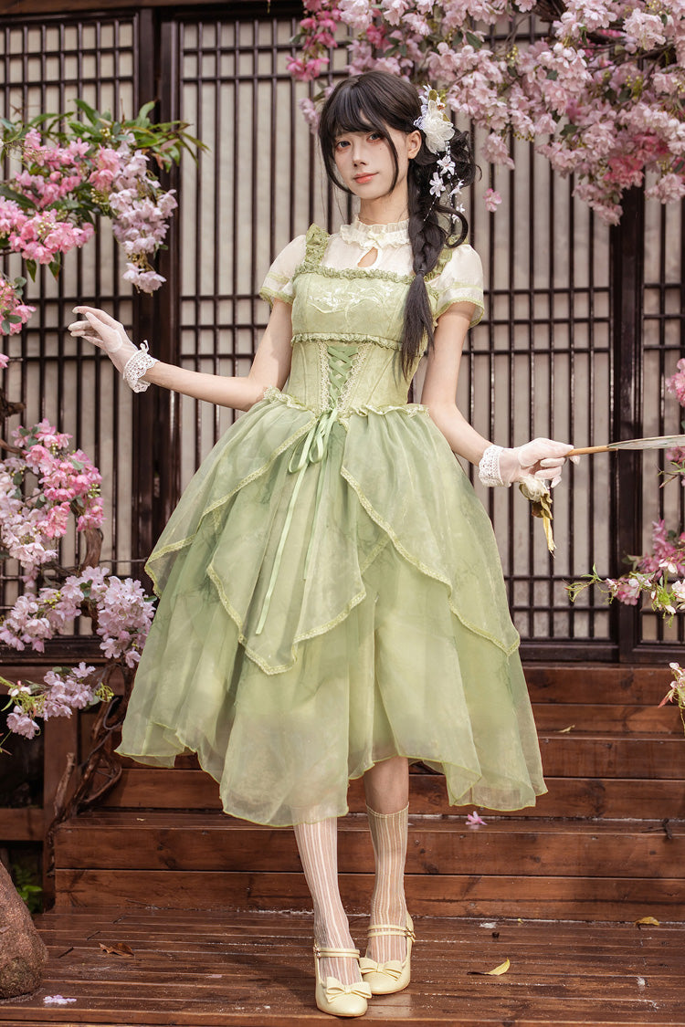 [Fragrance] Stand Collar Short Sleeves Multi-Layered Printed Ruffled Bow Lace Irregular Chinese Style Sweet Lolita Dress 2 Colors (Green, Pink) - Green - 13