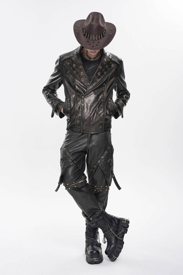 Brown Lapel Collar Long Sleeves Asymmetric Studded Zippered Pleated Eyelet Men's Punk Jacket - Product - 11