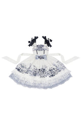 Blue/White [Celadon Jade Cup] Square Collar Flutter Sleeves Printed Ruffled Embroidered Bow Lace Classic Chinese Inspired Lolita Jsk Dress - Product - 8