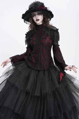 Red Stand Collar Long Trumpet Sleeves Embroidery Stitching Lace Women's Gothic Blouse - Red - 1