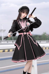 Black/Pink Long Sleeves Ruffle Gothic Military Elegant Princess Lolita Dress - Black/Pink - 1