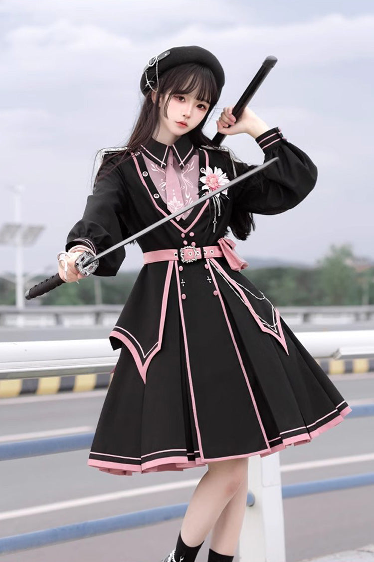 Black/Pink Long Sleeves Ruffle Gothic Military Elegant Princess Lolita Dress - Black/Pink - 1
