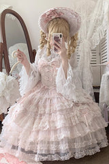 Pink [Sweetheart Diary] Multi-Layered Ruffle Hanayome Embroidery Bowknot Lace Sweet Lolita Jsk Dress - Product - 12