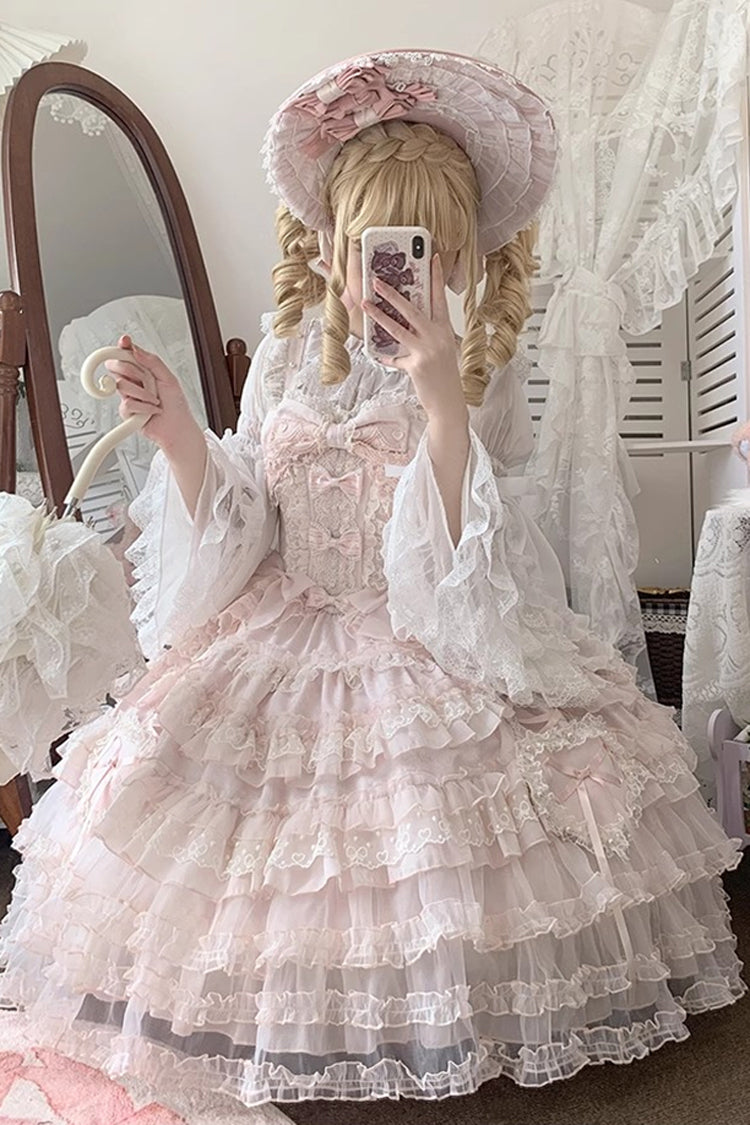 Pink [Sweetheart Diary] Multi-Layered Ruffle Hanayome Embroidery Bowknot Lace Sweet Lolita Jsk Dress - Product - 12