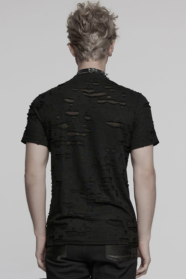 Black Short Sleeves Stitching Mesh Ripped Strap Men's Punk T-Shirt - Product - 3