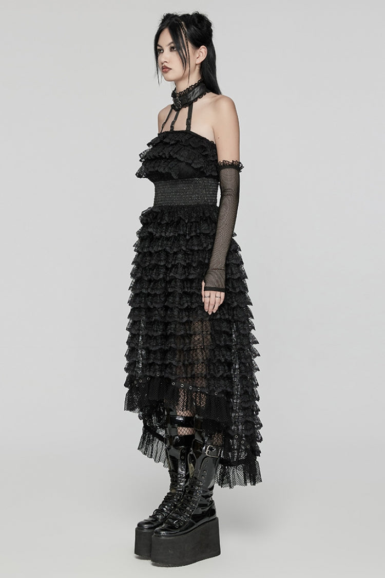 Black Halterneck Long Sleeves Ruffle Lace Women's Punk Dress - Product - 2