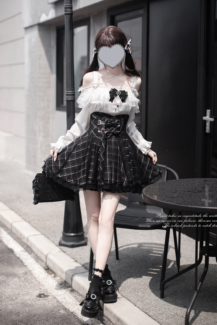 Black Plaid Print Bowknot Sweet Jirai Kei Japanese Skirt - Product - 2