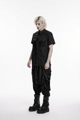 Black Lapel Collar Short Sleeves Cut-Out Spliced Men's Punk Shirt - Product - 3