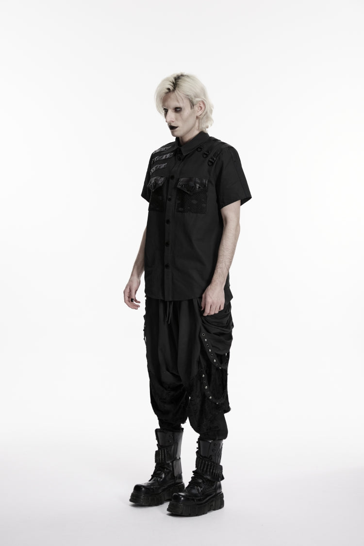 Black Lapel Collar Short Sleeves Cut-Out Spliced Men's Punk Shirt - Product - 3