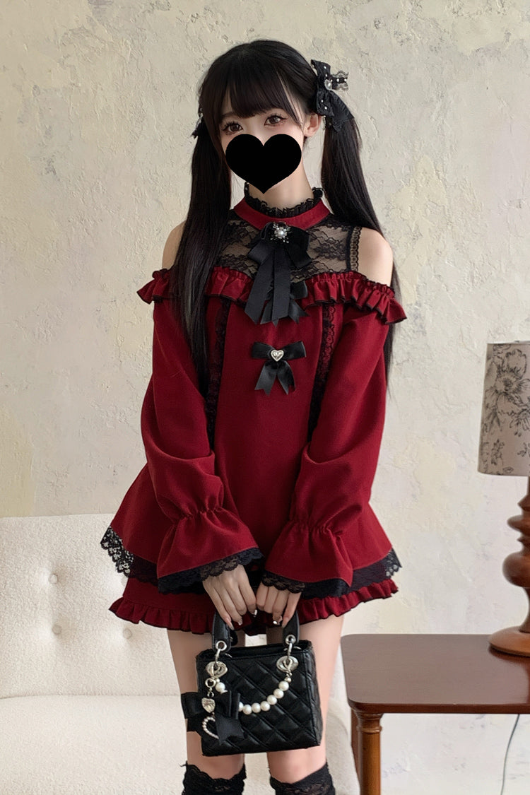 Sweet Off Shoulder Halterneck Long Sleeves Ruffle Bowknot Lace Jirai Kei Dress Shorts Set 4 Colors - Product - 16