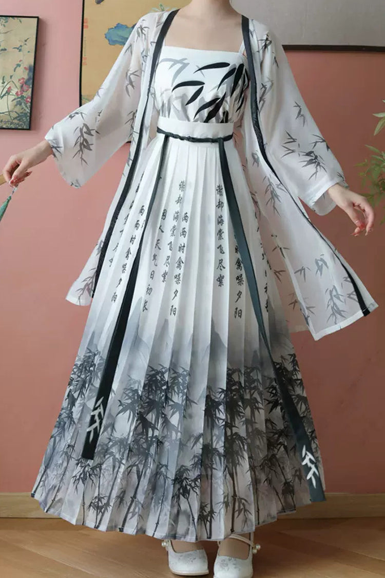 Women's Classic Chinese Handwriting Print Style Hanfu Dress 2 Colors - White - 5