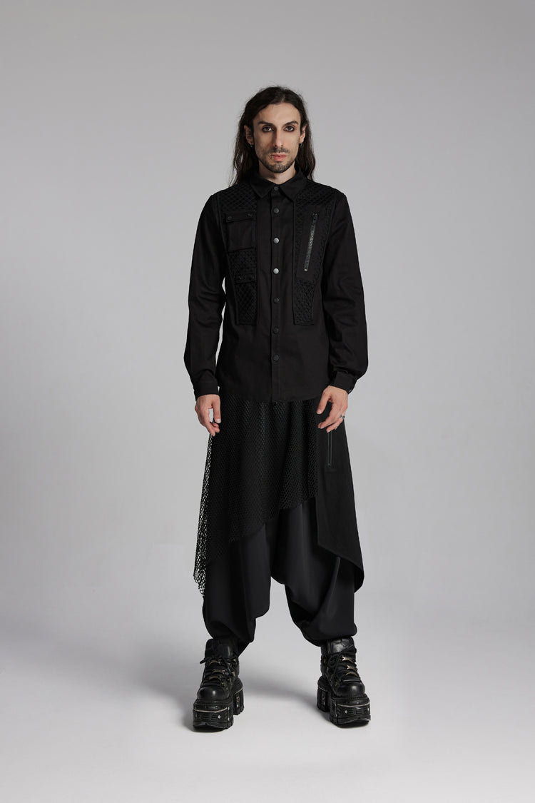 Black Lapel Collar Long Sleeves Zip Mesh Pocket Men's Punk Blouse - Product - 6