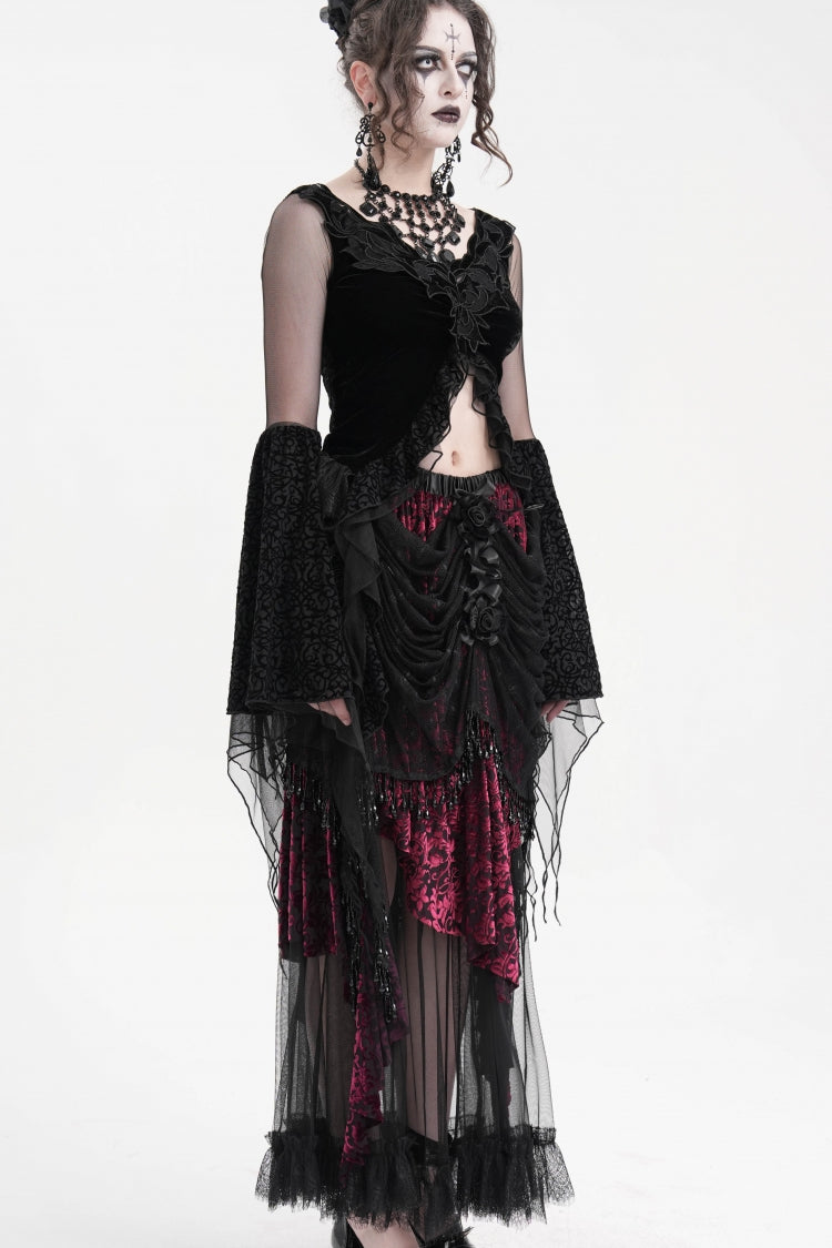 Black/Purple Tassels Mesh Women's Gothic Long Skirt - Product - 6