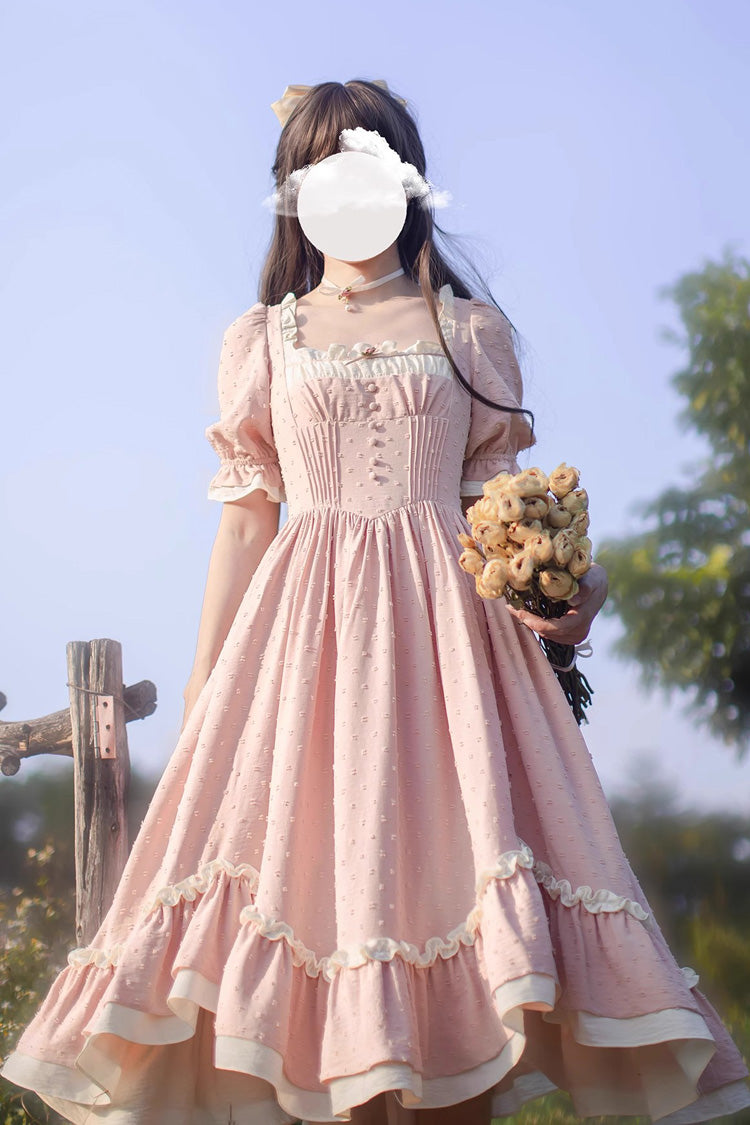 Pink Square Collar Short Puff Sleeves Ruffle Embroidery Sweet Elegant Lolita Dress - Product - 2