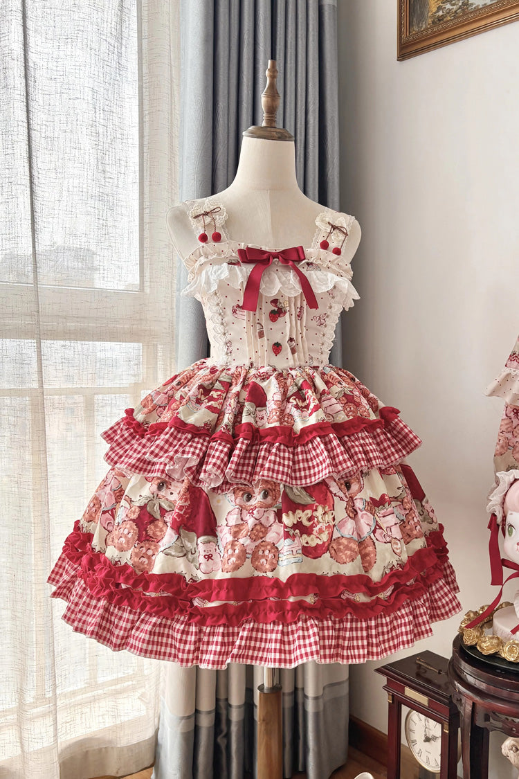 Red [Strawberry Bear] Sleeveless Double-Layered Print Ruffle Bowknot Sweet Princess Lolita Jsk Dress - Product - 4