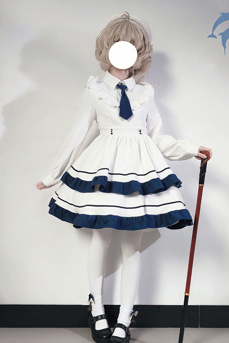 White Long Sleeves Double-Layered Ruffle Sweet College Style Lolita Dress - Product - 6