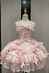 Pink [Love of Gemstones] Sleeveless Triple-Layered Ruffled Bow Lace Pearl-Decorated Sweet Lolita Jsk Dress - Pink - 1