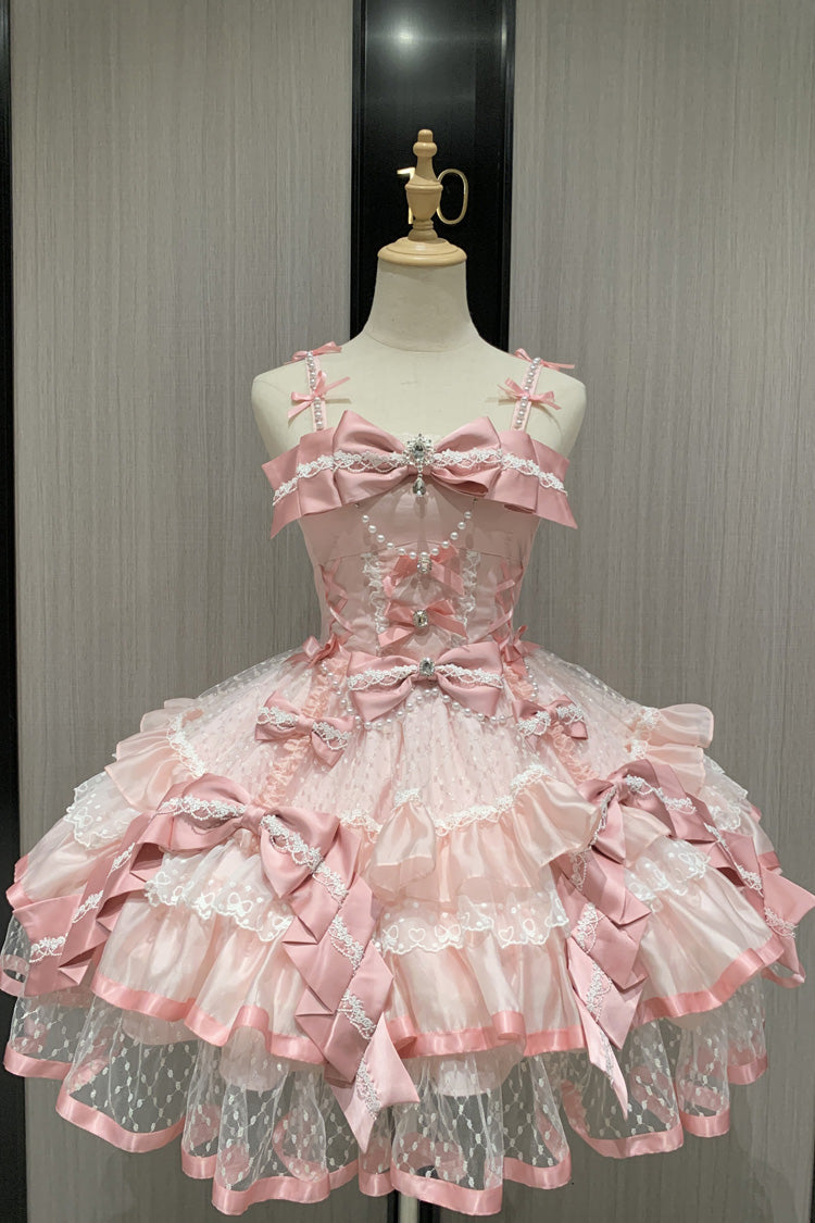 Pink [Love of Gemstones] Sleeveless Triple-Layered Ruffled Bow Lace Pearl-Decorated Sweet Lolita Jsk Dress - Pink - 1