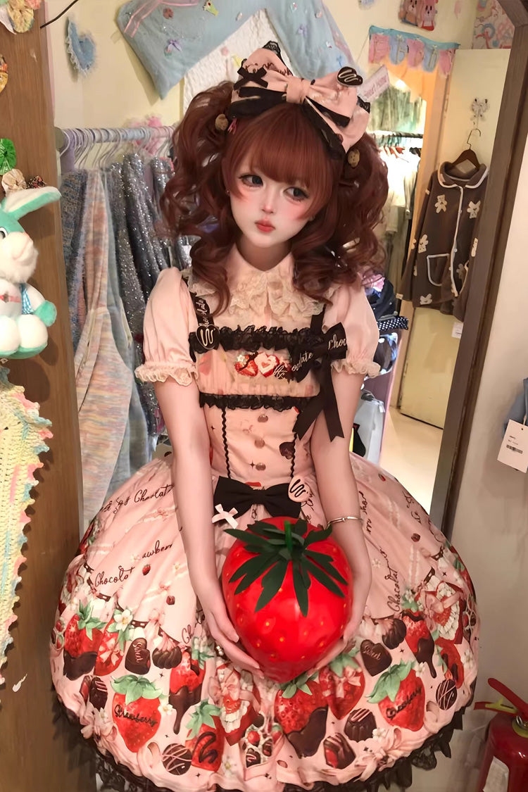 Pink [Strawberry Chocolate Lover] Sleeveless Printed Ruffled Embroidered Bow Lace Sweet Lolita Jsk Dress - Product - 5