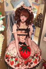 Pink [Strawberry Chocolate Lover] Sleeveless Printed Ruffled Embroidered Bow Lace Sweet Lolita Jsk Dress - Product - 5