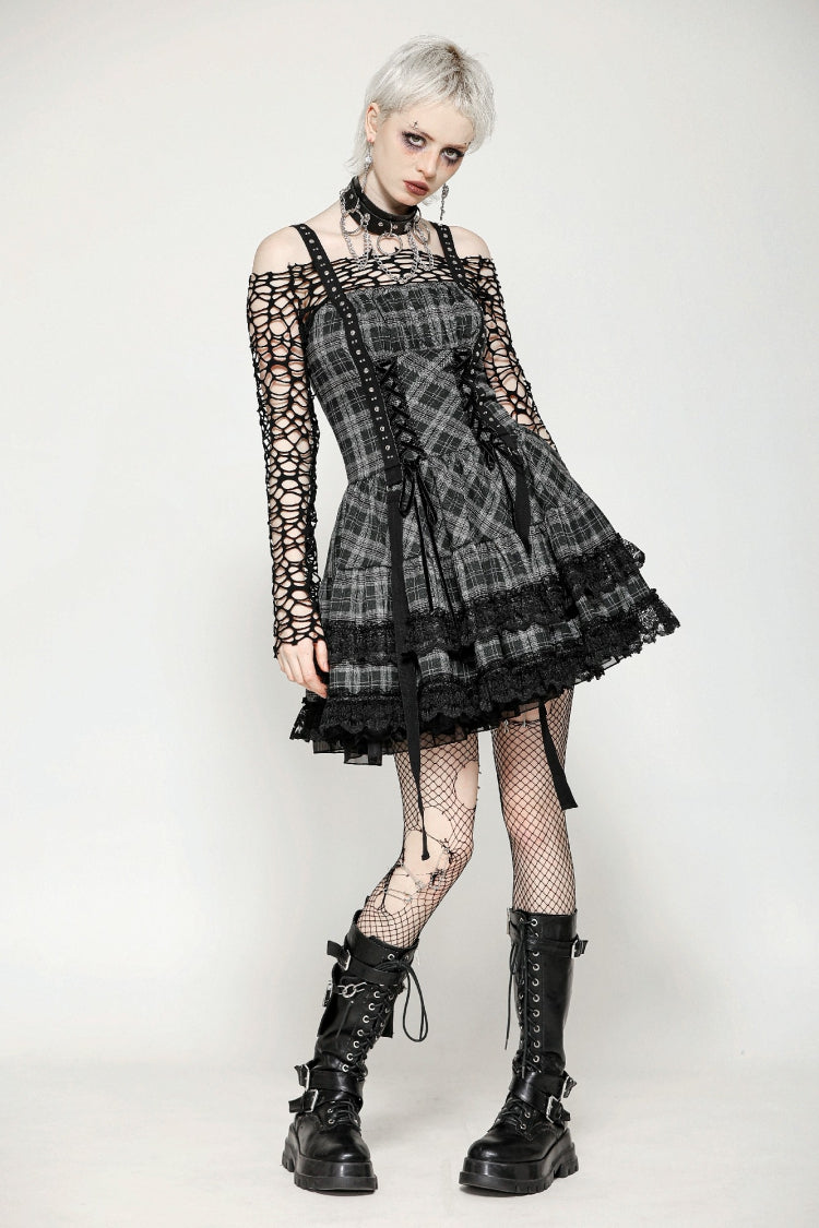 Grey Sleeveless Layered Lace Hem Plaid Women's Punk Party Slip Dress Graduation Dress - Grey - 1