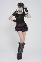 Black/Red Multi-Layered Lace Detachable Eyelet Women's Punk Layered Plaid Falbala Shorts - Black/Red - 1