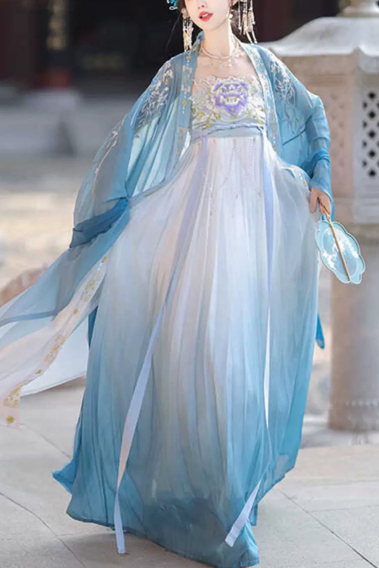Embroidery Gradient Hem Women's Classic Hanfu Dress 2 Colors - Blue - 1