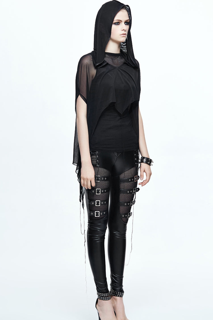 Black Mesh Wavy Sideline Long Women's Punk Hooded Bat Shawl - Product - 3