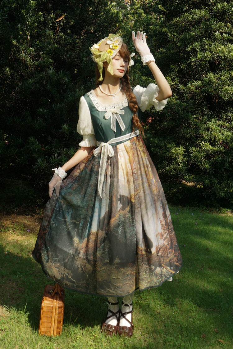 Dark Green [Morning in the Pine Forest] Square Collar Short Sleeves Oil Painting Printed Bow Lace Tie-dyed Sweet Lolita Dress - Product - 9