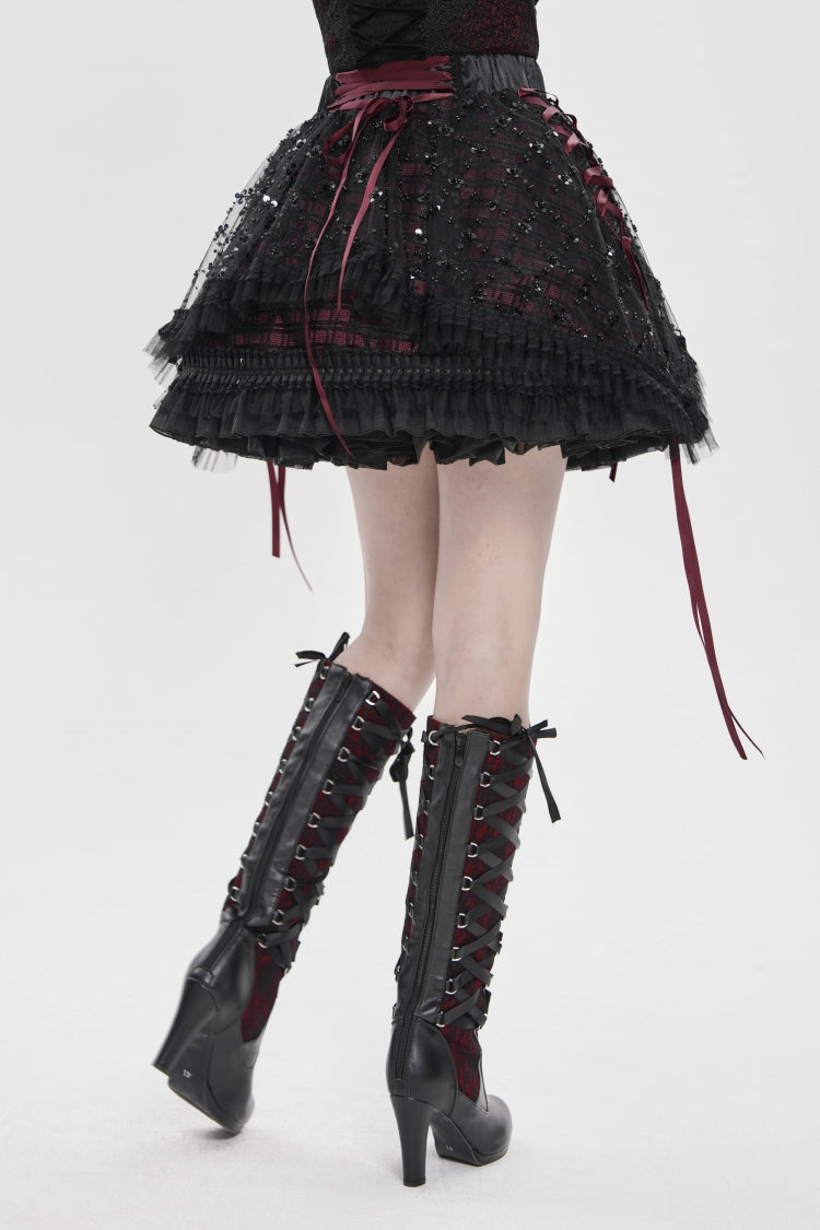 Black/Red Multi-Layered Lace Lace-Up Women's Gothic Skirt - Product - 8