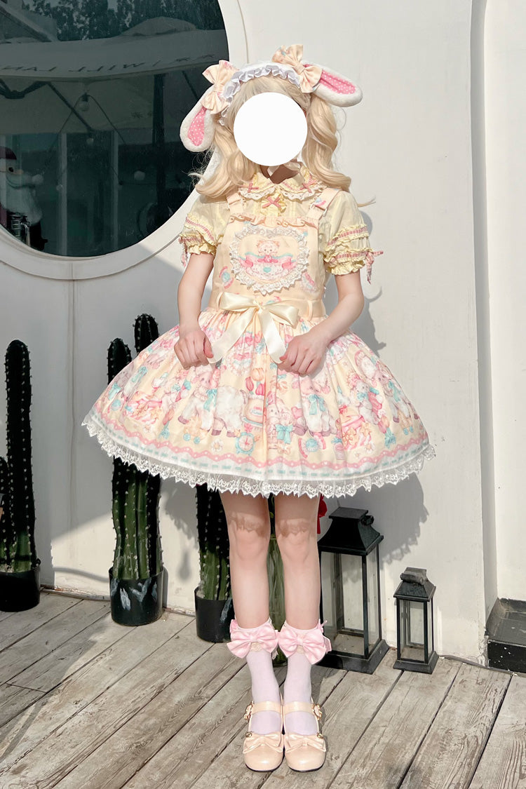 Yellow Sheep's Party Print Bowknot Stitching Lace Sweet Lolita Strap Dress - Product - 5
