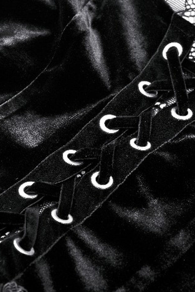 Black Long Trumpet Sleeves Spliced Lace-Up Spider Mesh Women's Gothic Velvet Wedding Dress - Product - 14
