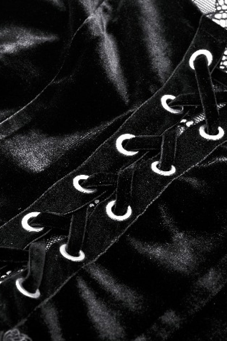 Black Long Trumpet Sleeves Spliced Lace-Up Spider Mesh Women's Gothic Velvet Wedding Dress - Product - 14