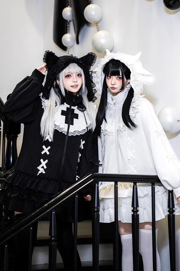 White Long Sleeves Ruffle Zipper Sweet Handsome Lolita Sweatshirt Coat - Product - 8