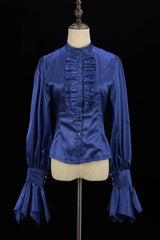 Black/Blue [Moonlit Return] Jacquard Printed Lace-Up Gothic Elegant Ouji Lolita (Blouse/Pants/Shorts/Vest) - Blouse(Only) - 11