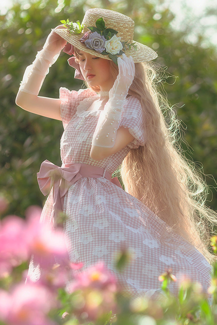 Pink Short Sleeve Floral Print Plaid Pattern Sweet Lolita Dress - Product - 2