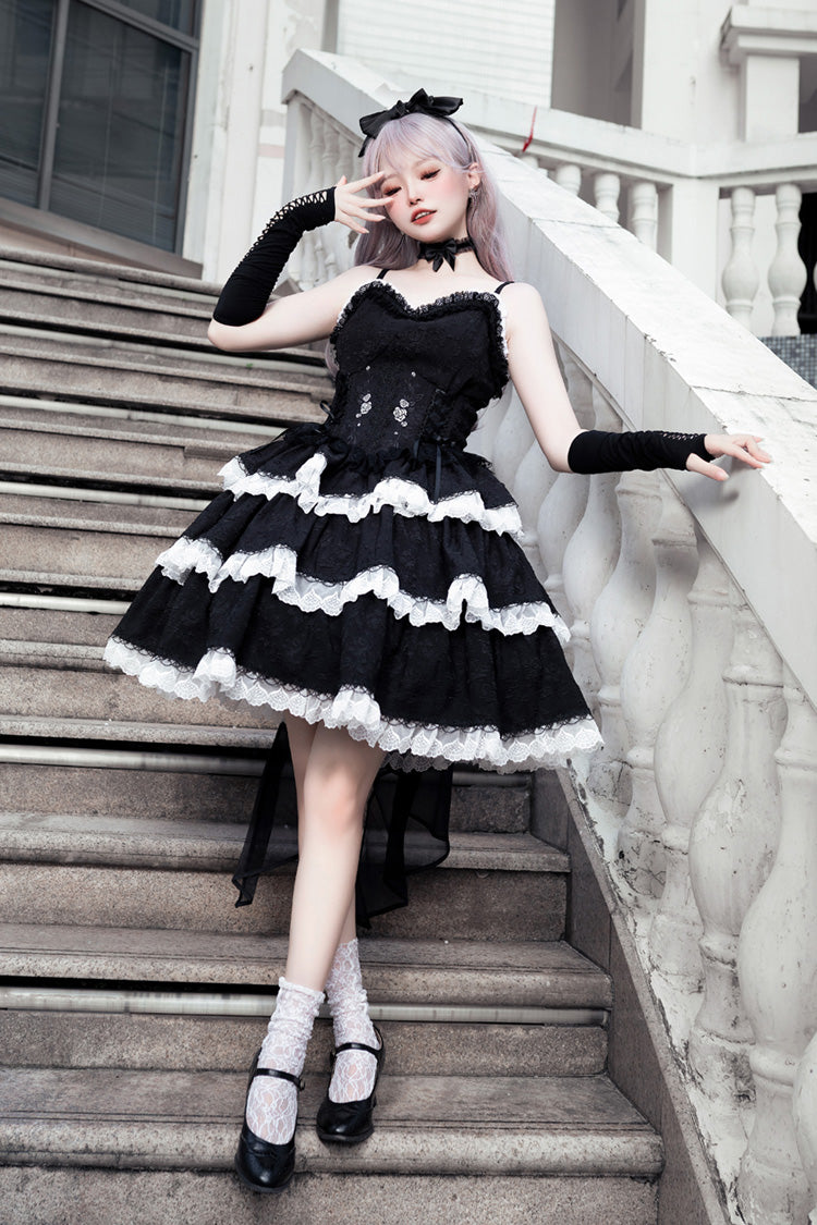 Black Triple-Layered Ruffle Embroidery Bowknot Gothic Lolita Jsk Dress - Product - 6