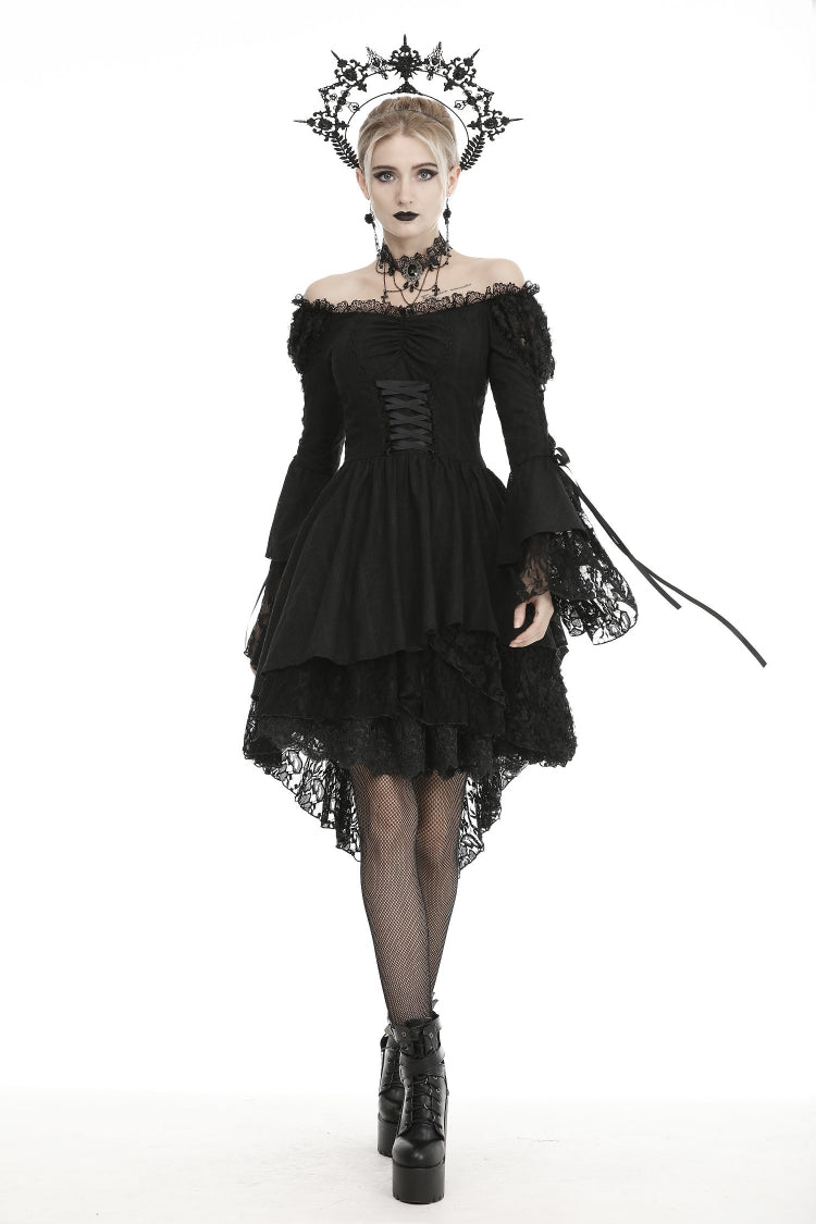 Black Off Shoulder Long Trumpet Puff Sleeves Lace-Up Strappy Mesh Women's Gothic Cocktail Dress - Black - 1
