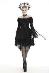 Black Off Shoulder Long Trumpet Puff Sleeves Lace-Up Strappy Mesh Women's Gothic Cocktail Dress - Black - 1