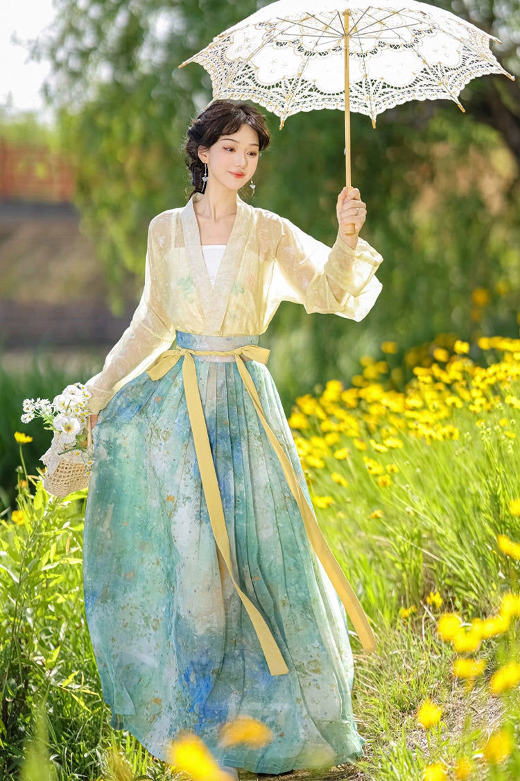 Multi-Color Long Sleeves High Waisted Print Embroidery Women's Sweet Chinese Style Hanfu Dress Full Set - Product - 4