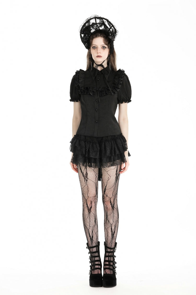 Black Point Collar Short Puff Sleeves Ruffled Women's Gothic Blouse - Product - 5