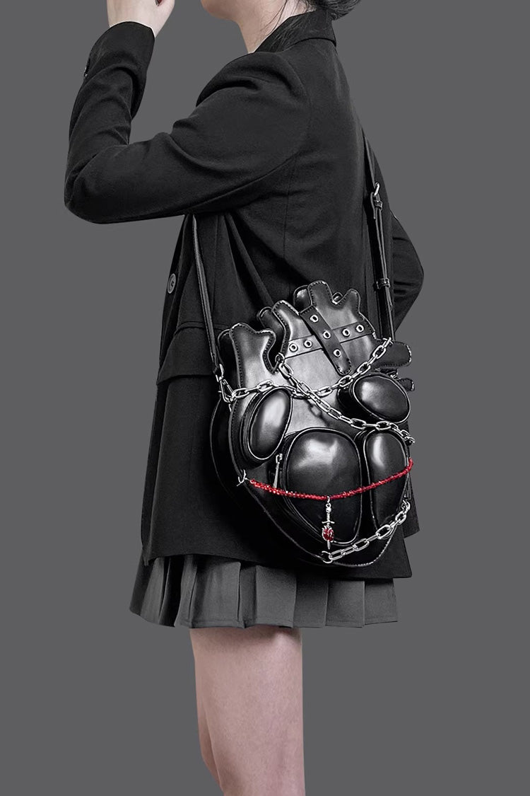 Black Creative Heart Chain-Decorated Gothic Lolita Backpack with Binding Straps and Chain - Product - 2